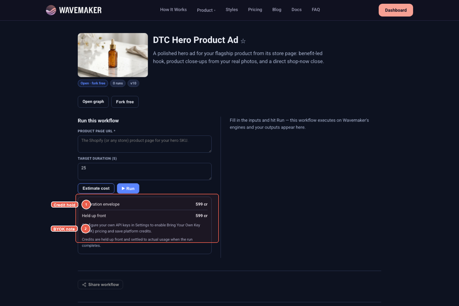 App page estimate panel with callouts: 1 credit hold envelope, 2 BYOK note