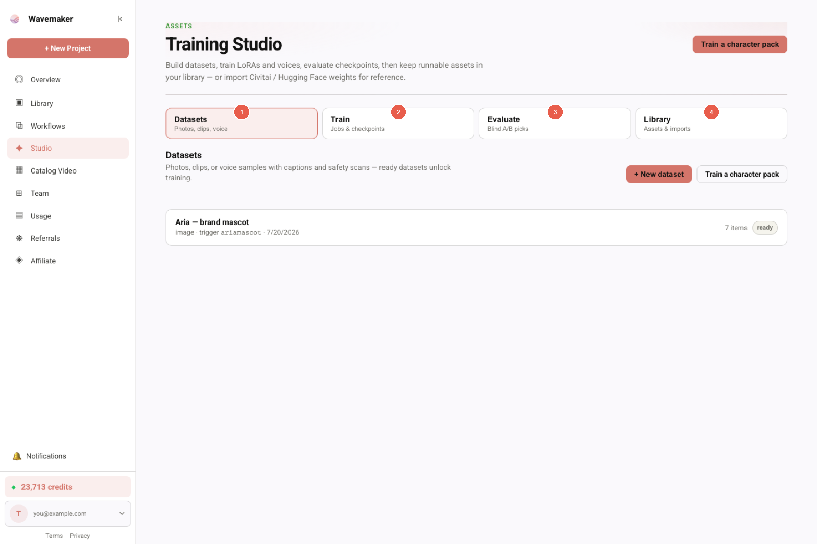 Training Studio tabs: Datasets, Train, Evaluate, Library