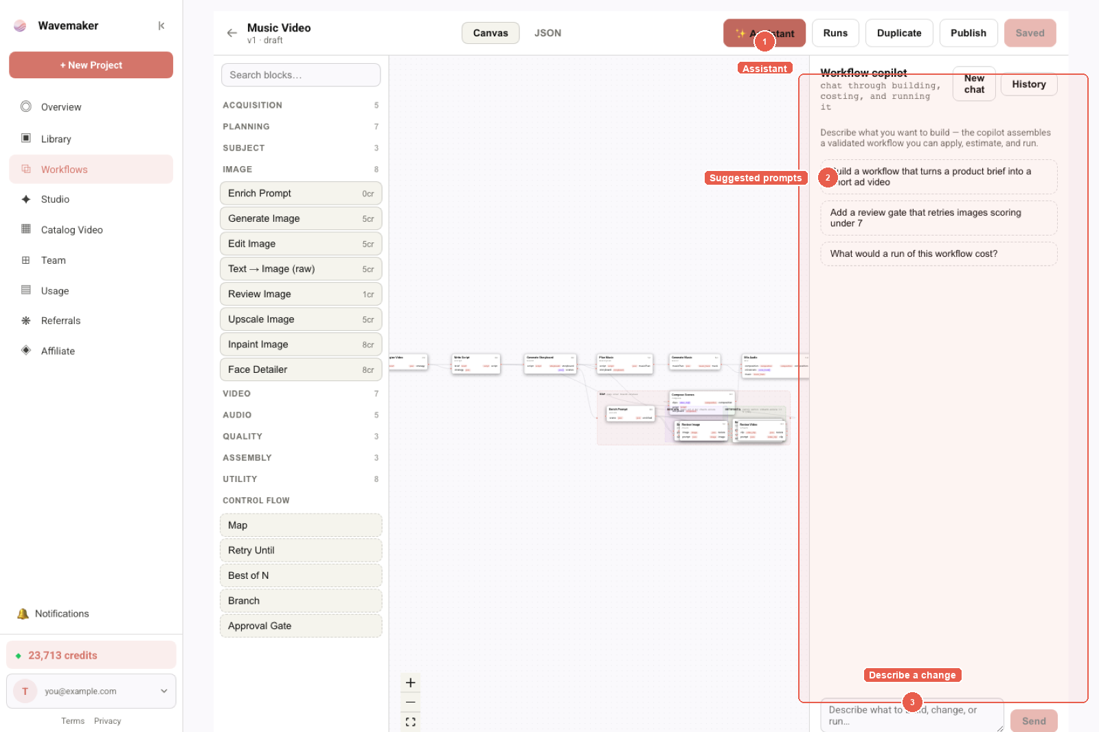 Editor with Assistant dock open — callouts for Assistant button, suggested prompts, and compose field