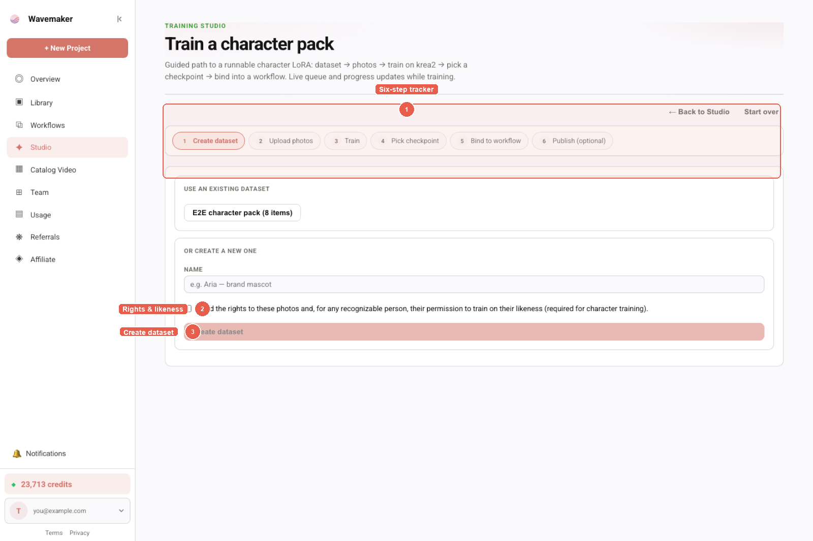 Training Studio recipe view — dataset, recipe, and train controls.