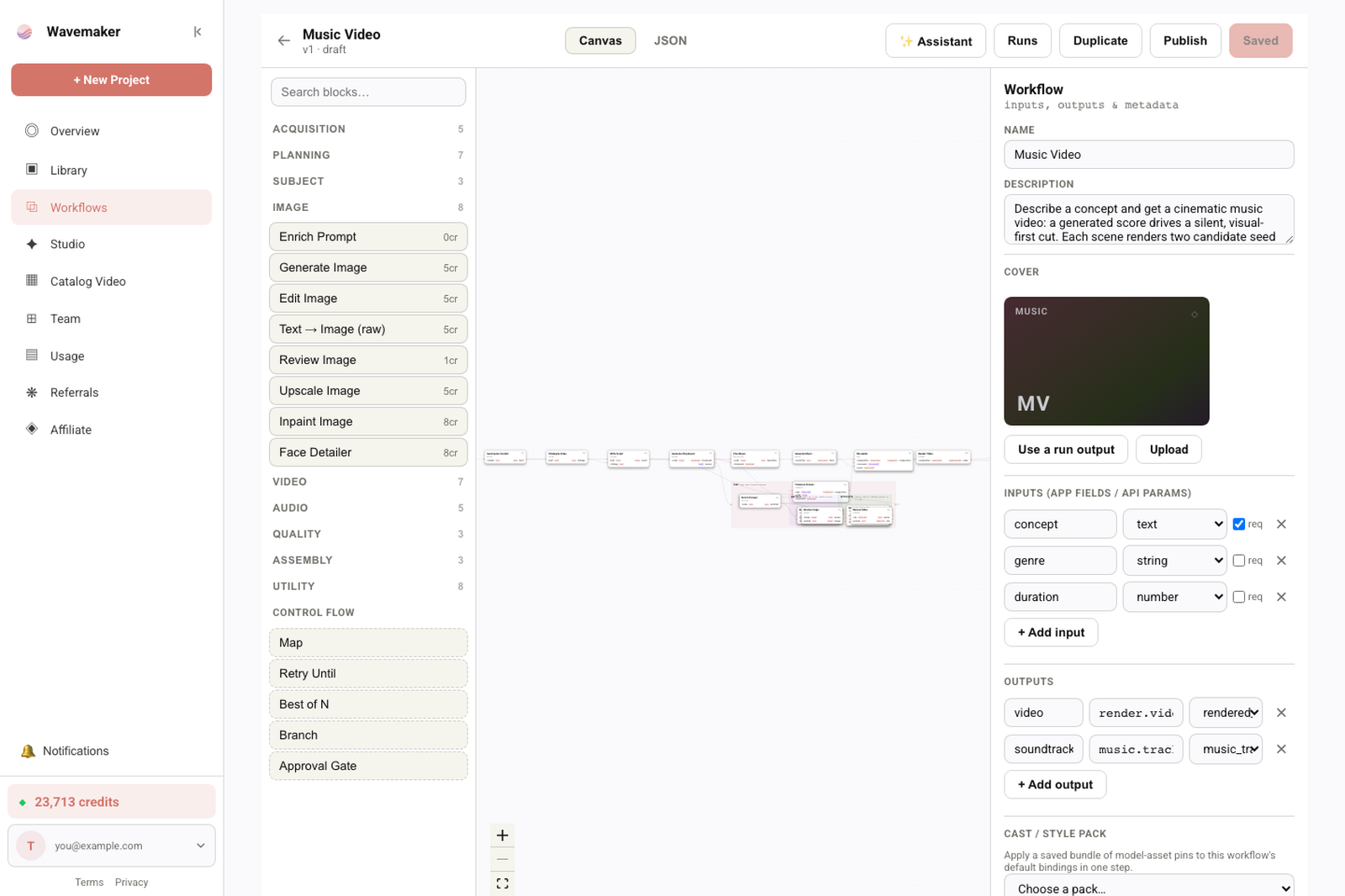 Workflow editor with typed blocks and compile validation — no pip install step