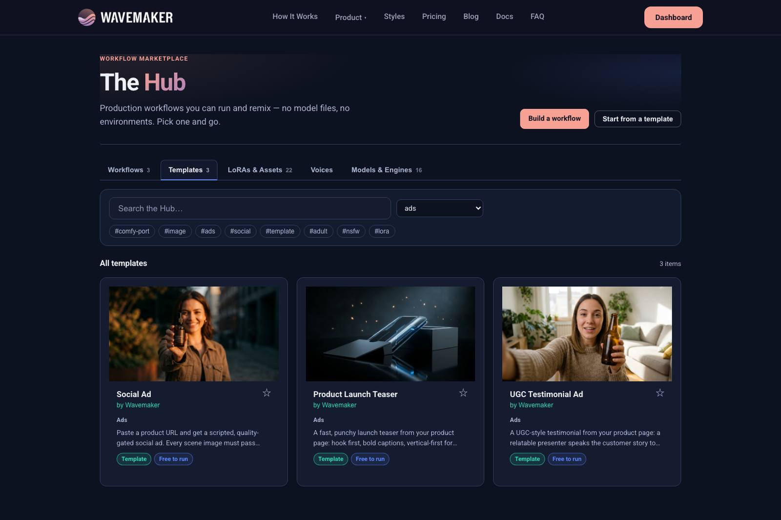 Hub catalog grid — workflows, assets, and engines with creator attribution on cards