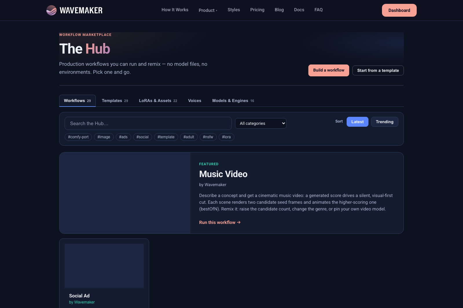 Hub landing — workflows, assets, engines, and search across the public catalog