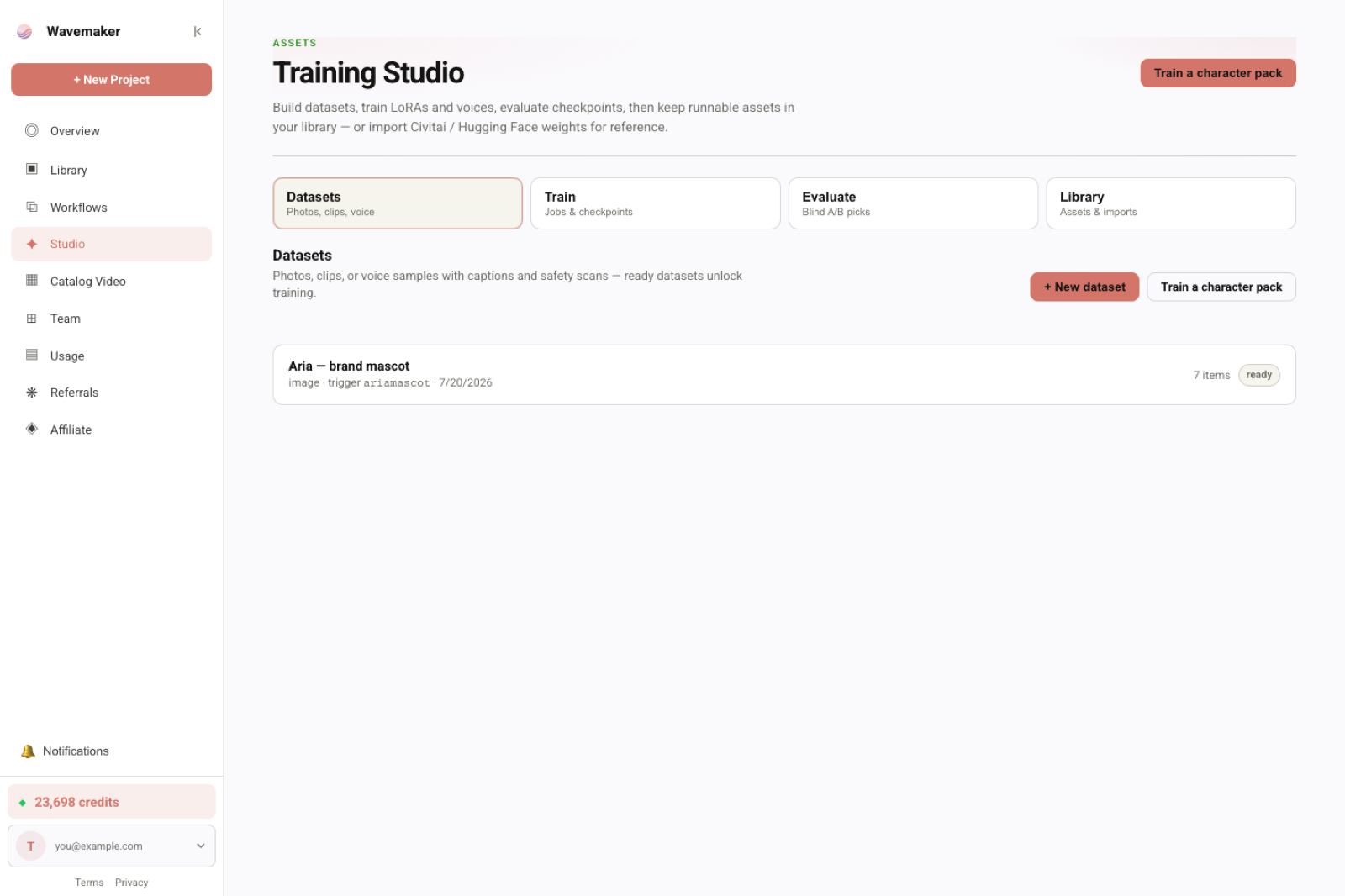 Training Studio Datasets tab with readiness checklist and caption coverage