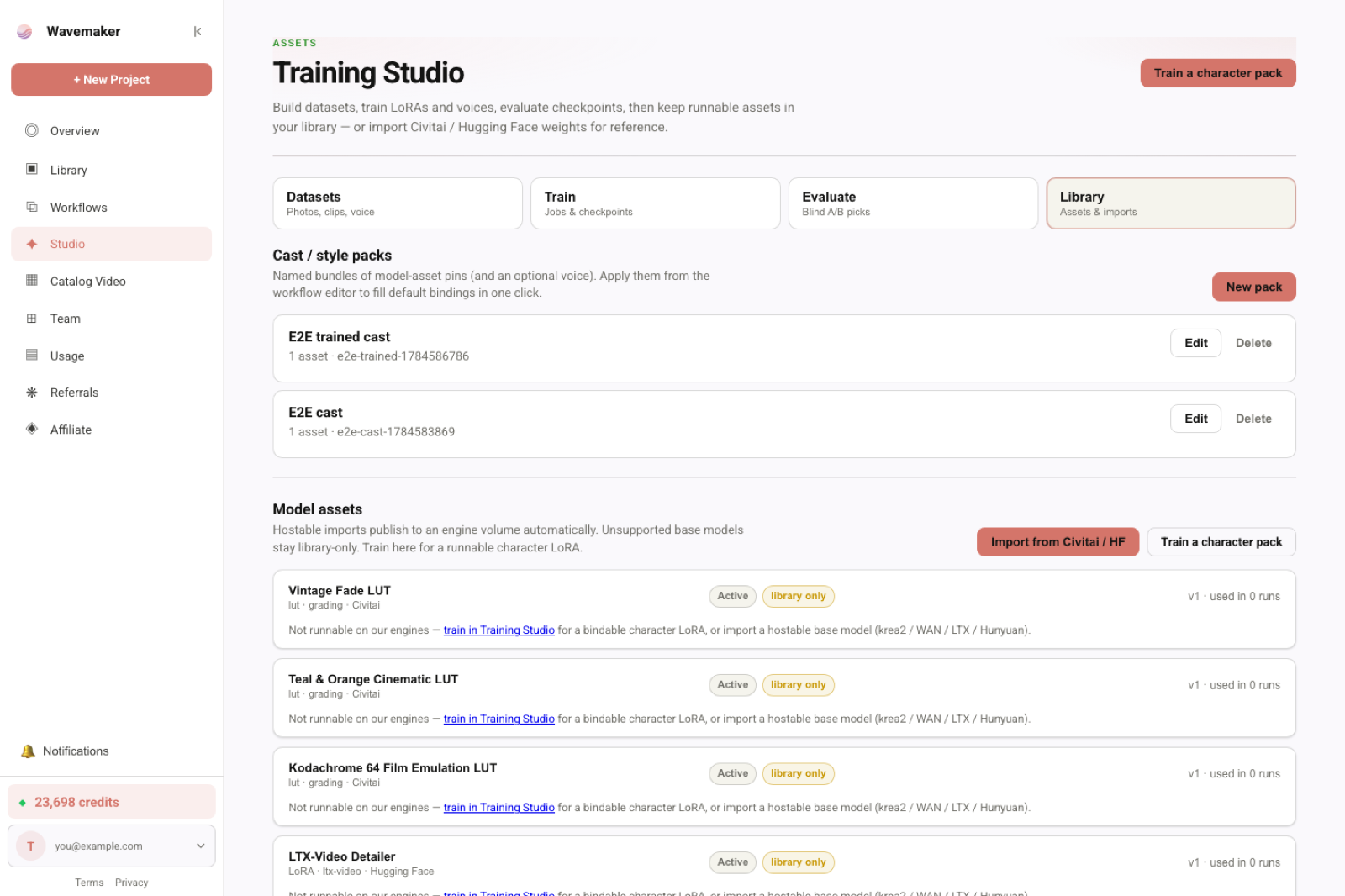 Training Studio library listing runnable vs library-only badges